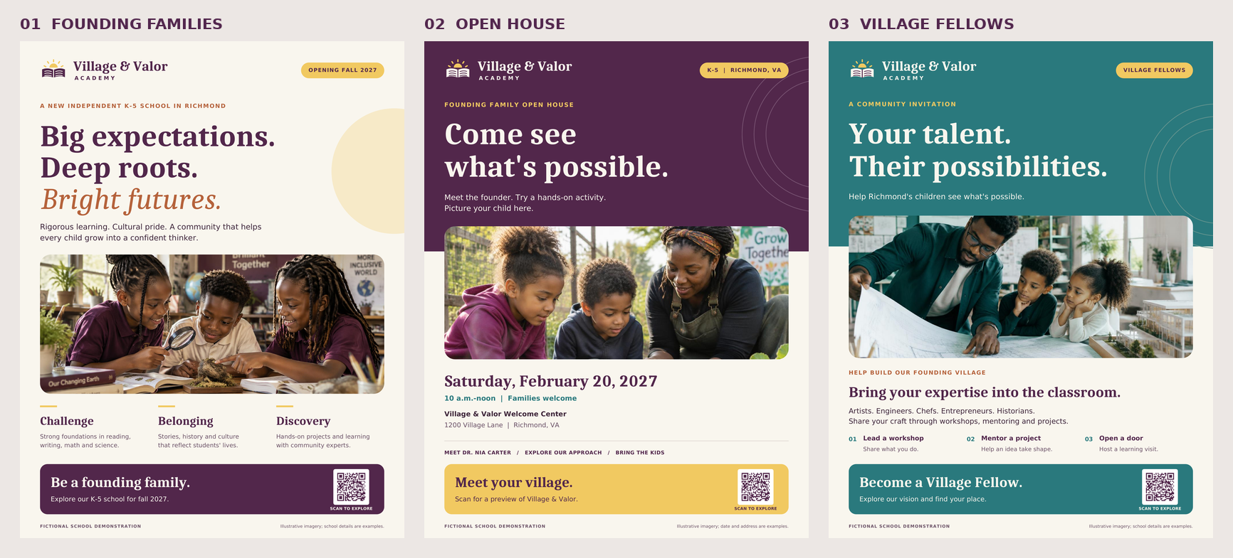 Three fictional school outreach flyers for founding families, an open house, and community fellows