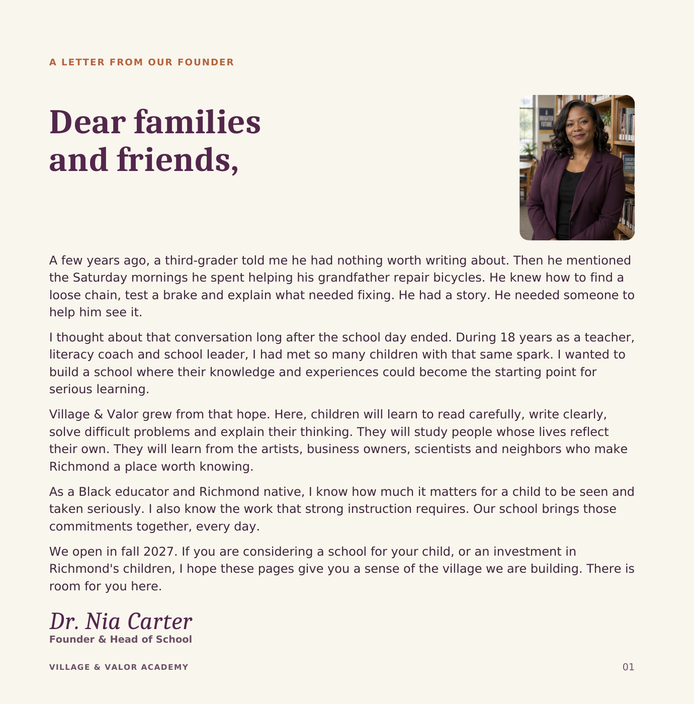 Sample school book founder letter interior page