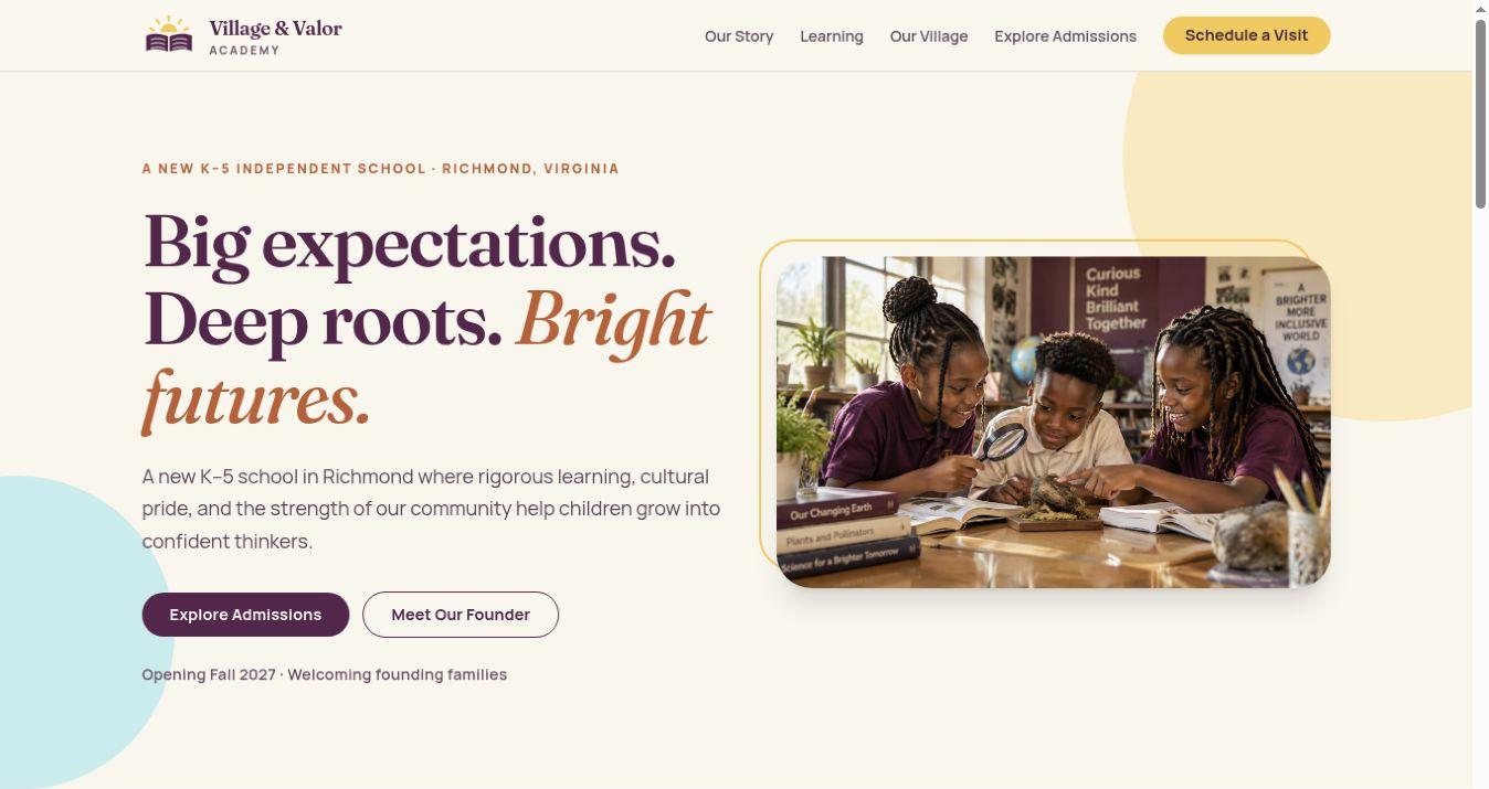 Village and Valor Academy demonstration website with its school mission and learning imagery