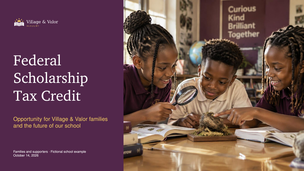 Fictional scholarship donor presentation cover with children exploring together