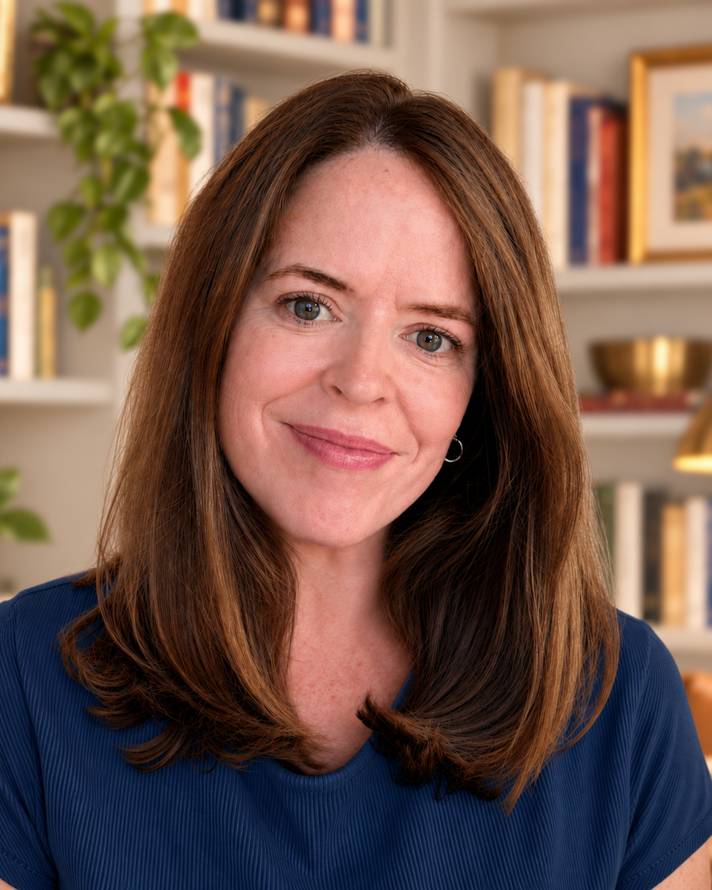 Katie Linehan, founder of Linehan Creative, photographed in front of a bookshelf